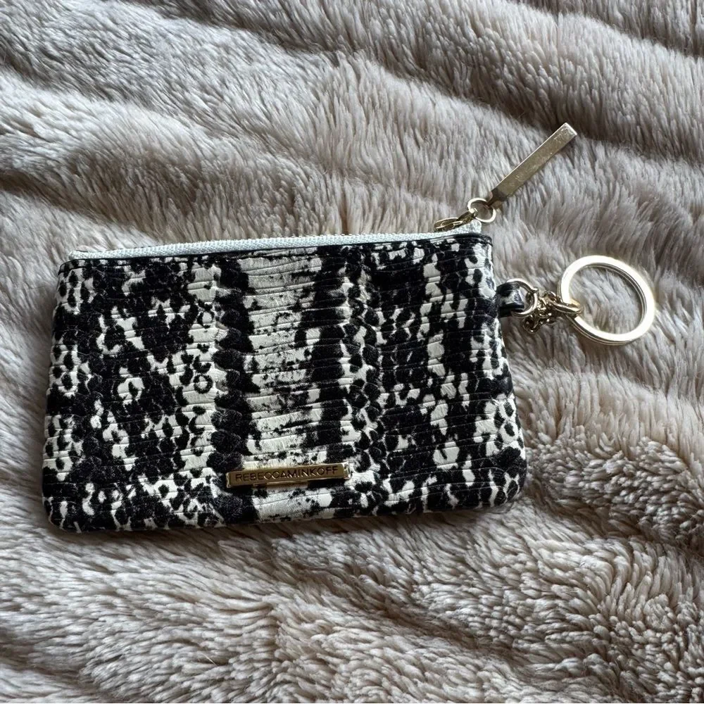 NEW Rebecca Minkoff Black White Snakeskin Zip Top Key Ring Coin Purse